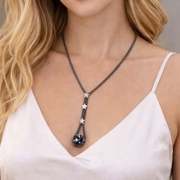 Jewelry - Handmade Swarovski Crystal Star Drop Necklace Gunmetal 20” Statement Pendant